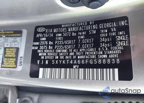 2015 Kia Sorento Lx from USA, damaged, VIN 5XYKT4A66FG588838